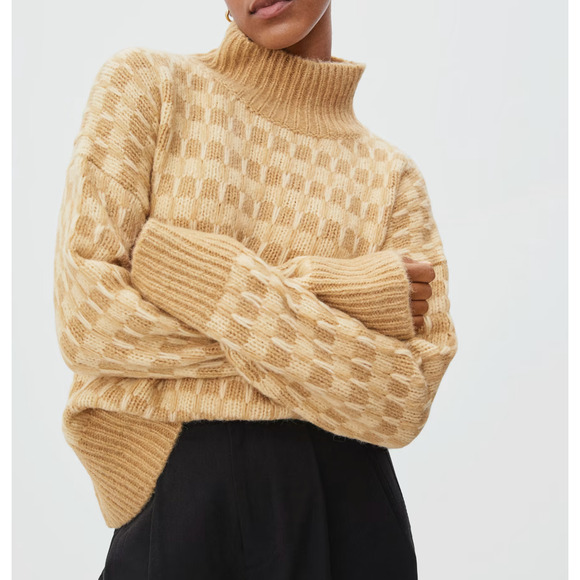 Everlane Tan the cloud checkered mock neck chunky sweater - Picture 1 of 8